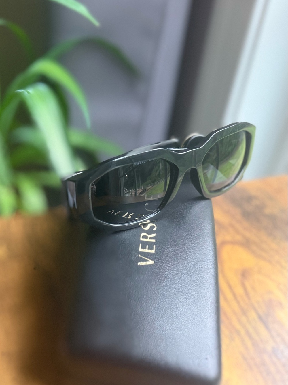 Versace Glossy Black Rectangular Sunglasses